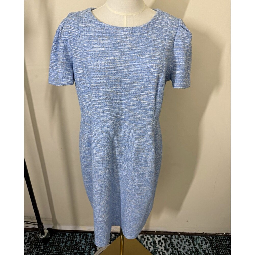 Calvin Klein Women Sheath Dress 16 Blue White Tweed Round Neck Zip 531